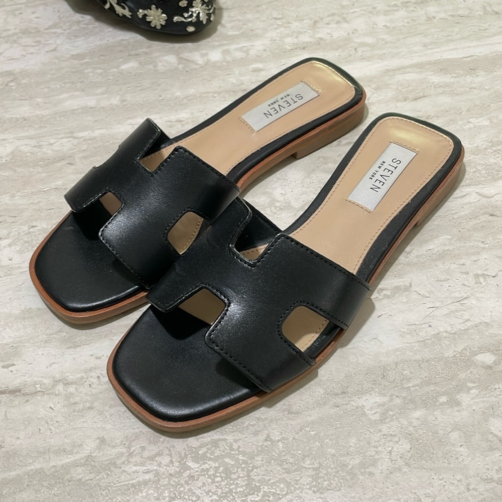 Steve Madden Hadyn Black Leather Slide Sandals *6.5 *.